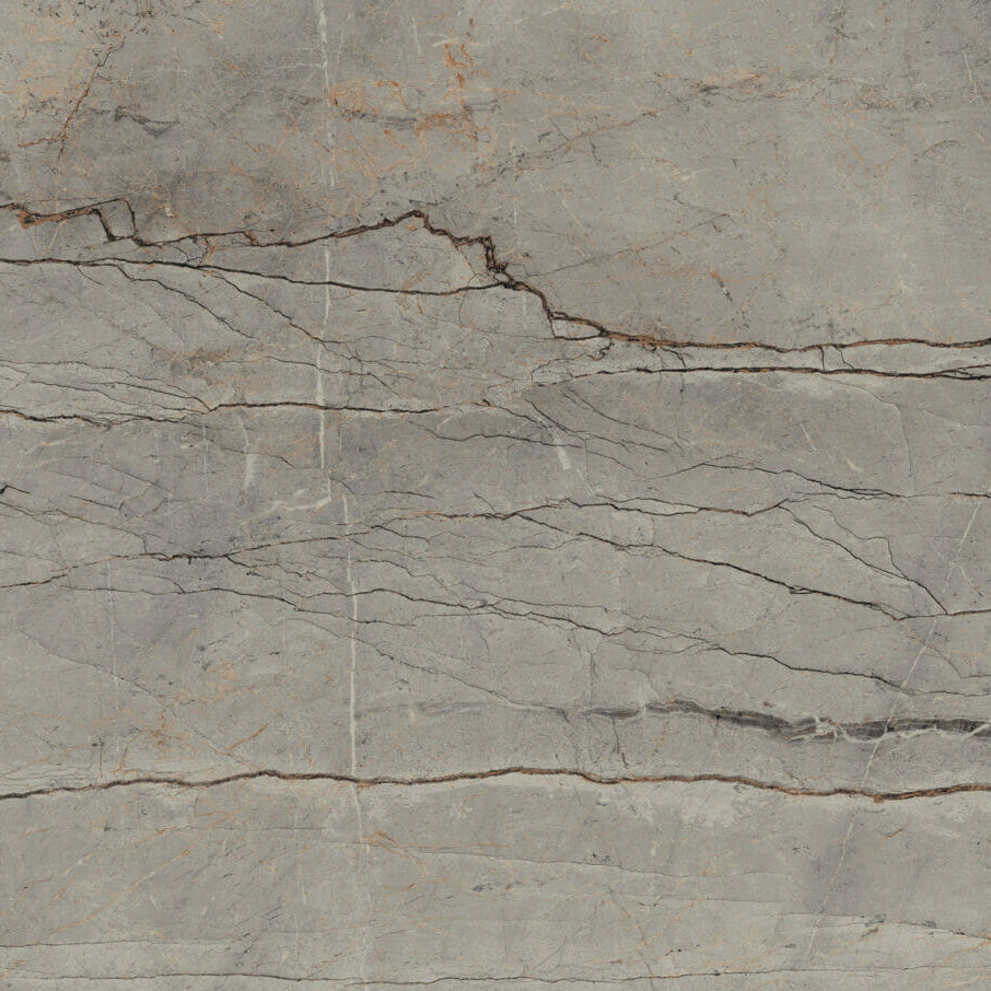 513 Striata surface showcases smoky grey base with dark veins, patina stains, and burnt orange markings in Ultra-Rough finish.