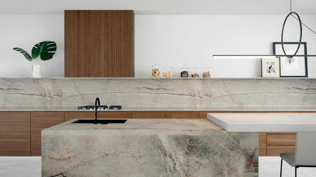 Modern kitchen featuring 513 Striata countertop with smoky grey base and earthy accents in an Ultra-Rough finish.