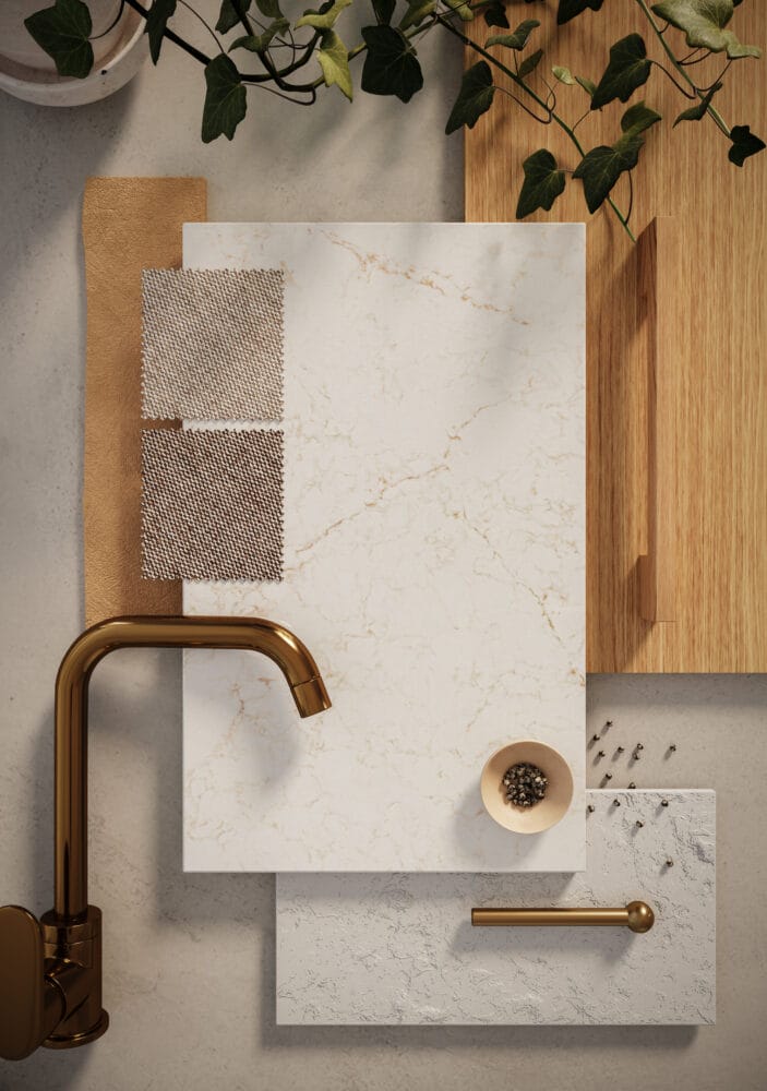 Elegant off-white surface with veining, complemented by earthy textures and golden accents, ideal for interior design.