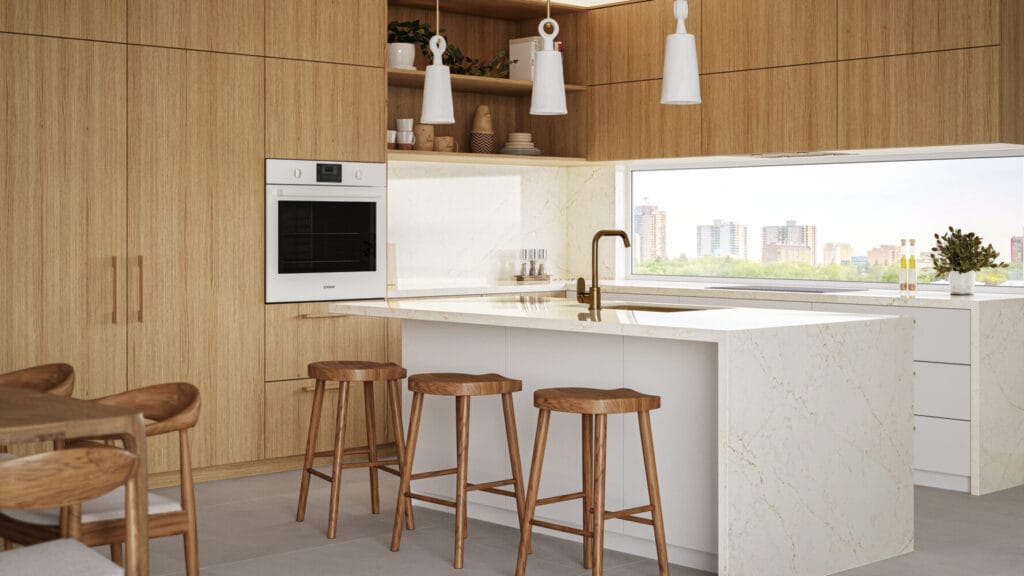 Modern kitchen featuring off-white marble countertops with amber tones, wooden cabinetry, and stylish bar stools.