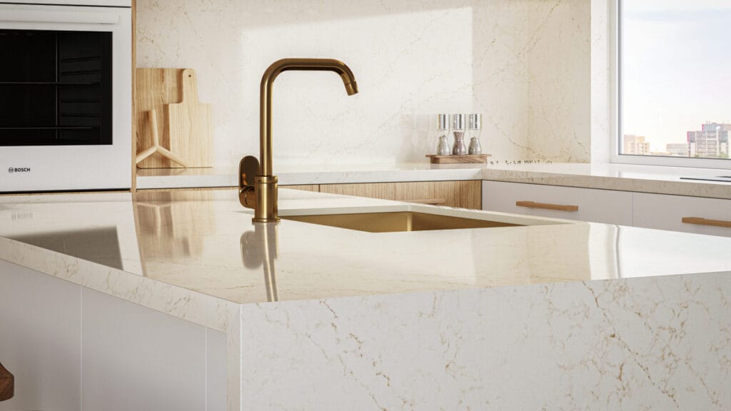 Modern kitchen featuring 5144 Rossa Nova countertop with golden accents and crisscrossed veining, showcasing elegant design.