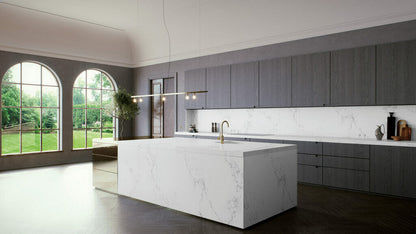 Modern kitchen featuring 5151 Empira White countertop with elegant cabinetry and large windows, showcasing natural light.