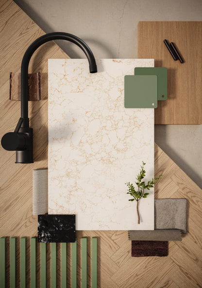 Elegant flat lay featuring the 5152 Goldfinch surface with earthy textures and colors in a modern design setting.