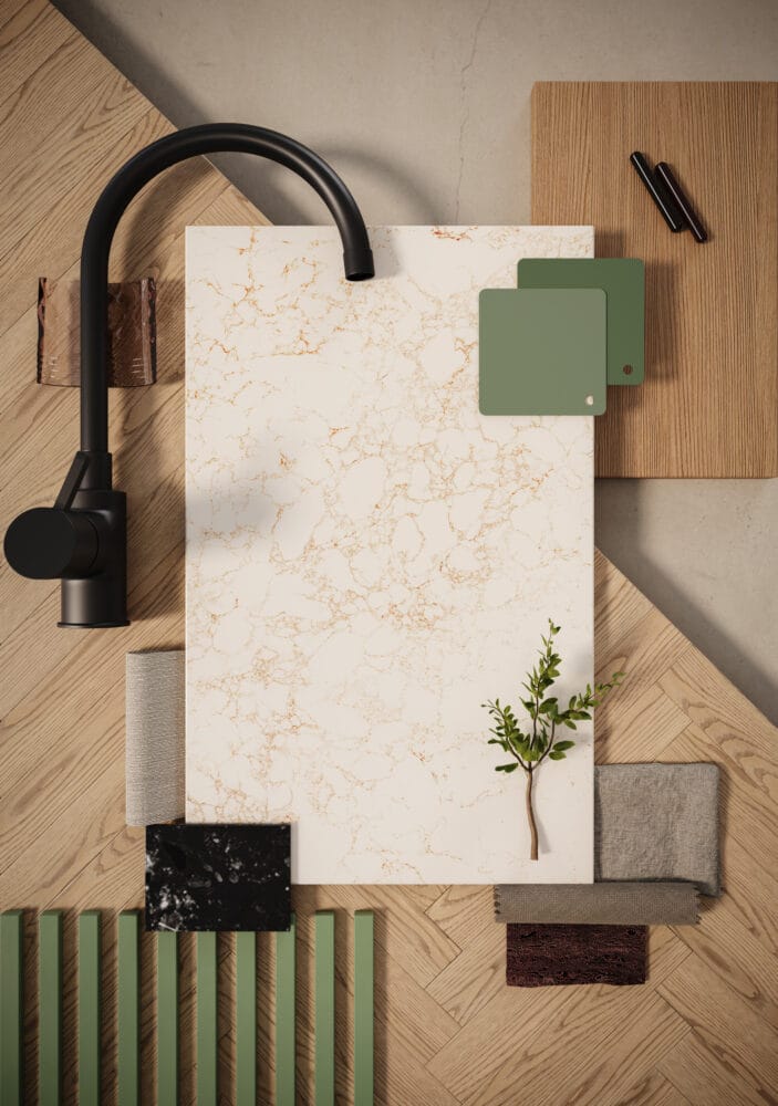 Elegant flat lay featuring the 5152 Goldfinch surface with earthy textures and colors in a modern design setting.
