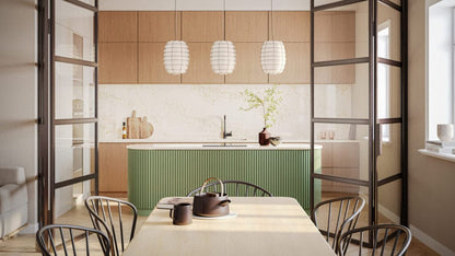 Modern kitchen with glass doors, wooden cabinets, an island in green with a cozy dining area.
