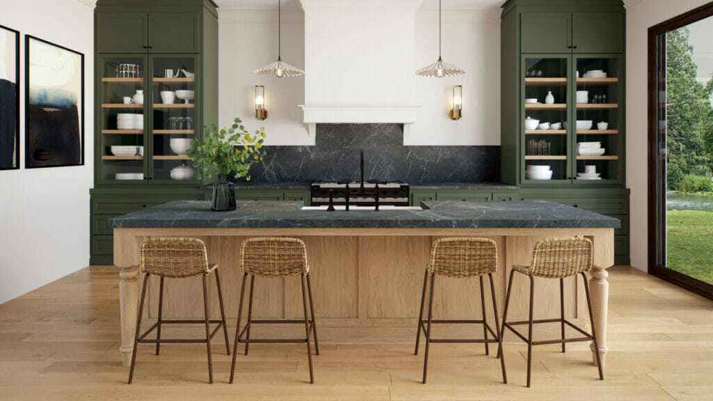Modern kitchen featuring a dark grey island with warm brown accents and natural stone details.