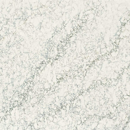Dynamic grey stripes and speckles on a crisp white surface, showcasing interlaced jade and copper minerals.
