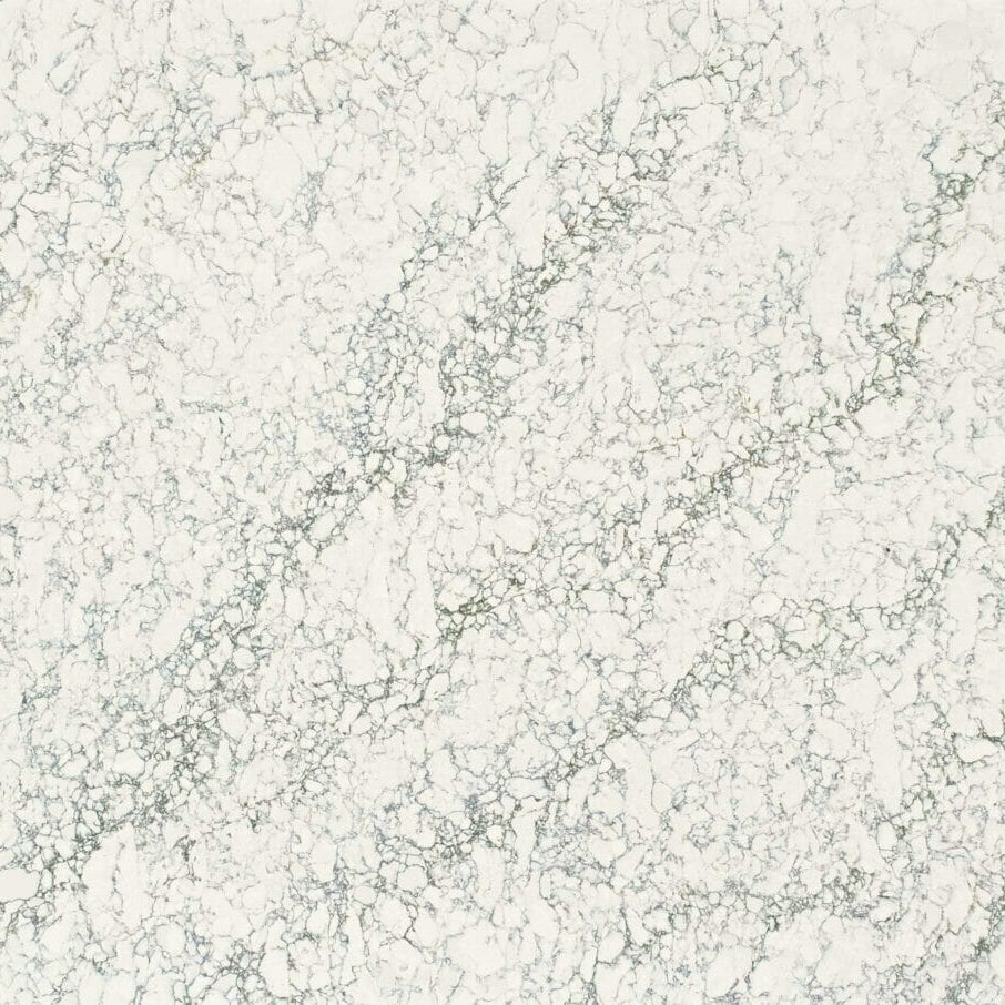 Dynamic grey stripes and speckles on a crisp white surface, showcasing interlaced jade and copper minerals.