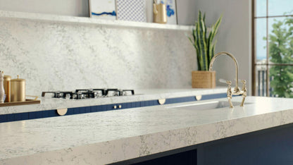 Elegant kitchen showcasing the 5171 Arabetto countertop with dynamic grey stripes and speckles on a white surface.