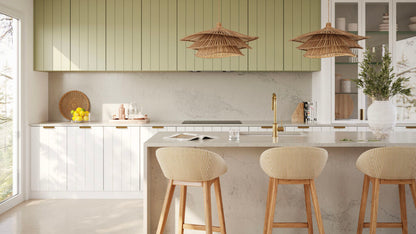 Modern kitchen featuring green textured cabinets, a minimalist countertop, and stylish rattan pendant lights.