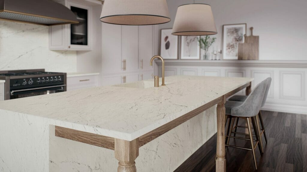 Modern kitchen featuring a 531 Libretta countertop with light-grey undertones and elegant markings.