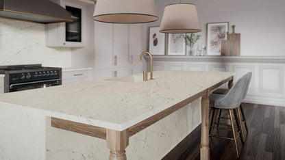 Modern kitchen featuring a 531 Libretta countertop with light-grey undertones and elegant markings.