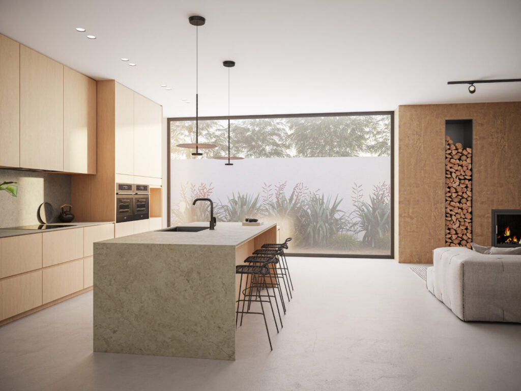 Modern kitchen featuring 542 Mosstone countertop, wooden cabinetry, and large windows for natural light.