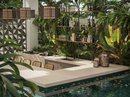 Modern outdoor bar surrounded by lush greenery with a pool, featuring a stylish shelf and decorative bottles.