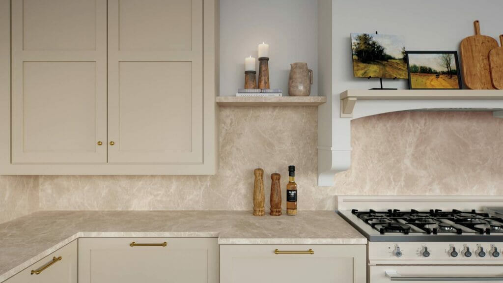 Stylish kitchen featuring 580 Fume beige marble slab with cream veining and honed finish, enhancing the space's elegance.