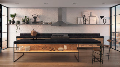 Modern kitchen featuring a dark earthy countertop with a honed finish, natural wood accents, and minimalist decor.