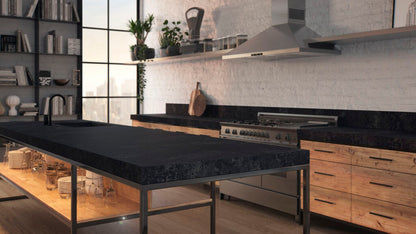 Modern kitchen featuring 5820 Darcrest countertop, dark earthy tones, and rustic wooden cabinets.