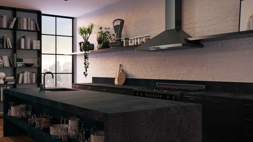 Modern kitchen featuring a dark honed countertop, open shelving, and large windows with urban views.