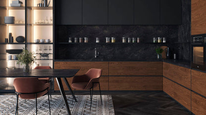 Modern kitchen design featuring dark earthy textures, wooden cabinets, stylish dining table, and elegant decor.