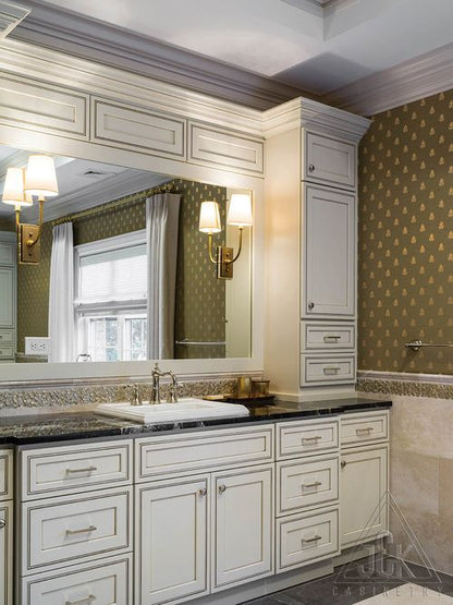 Pearl Glazed bathroom with solid wood cabinets and elegant fixtures, showcasing superior craftsmanship and stylish design.