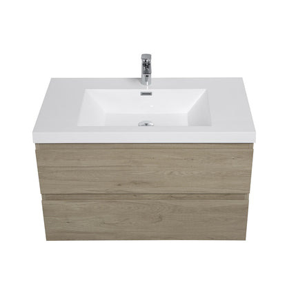 36" V9005 Angela Wall Hung Vanity & Acrylic Basin Sink (E.Oak)