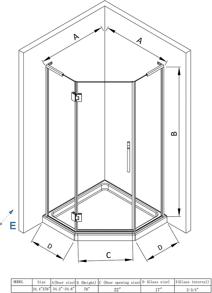 Neo Miko Hinged Shower Door 36"W X 36"W X 76"H (3/8" Thickness) (Brushed Gold)
