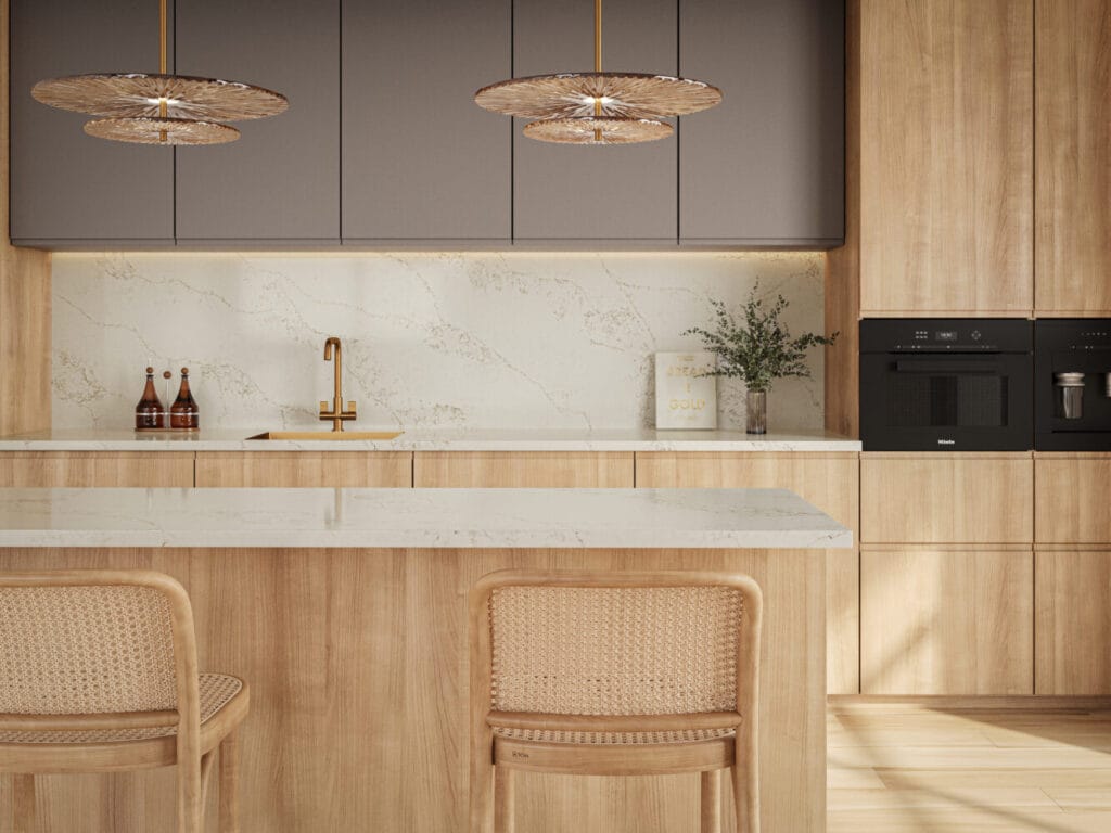 Modern kitchen with wooden cabinets, marble countertops, and stylish pendant lights, creating an inviting atmosphere.
