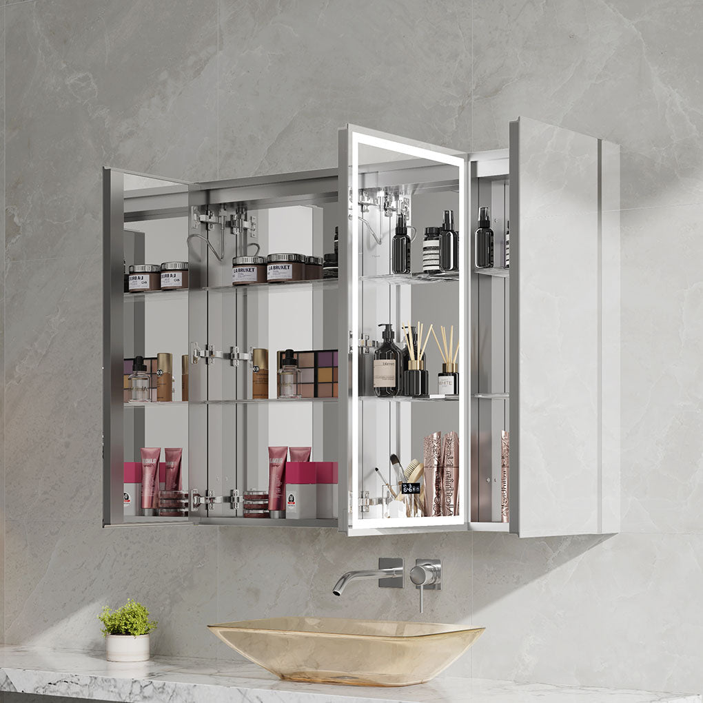 48" LED Model 3 Medicine Cabinets (Surface Mount/Recessed) Tempered Mirror 5X Stronger, Temperature Clock