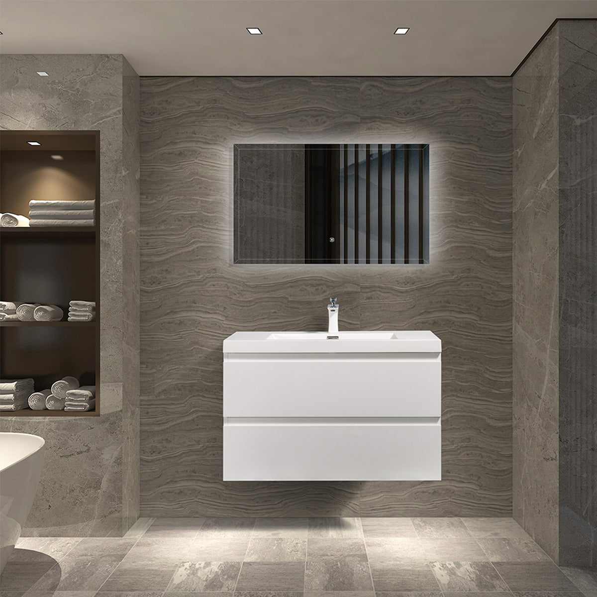 36" V9005 Angela Wall Hung Vanity & Acrylic Basin (Glossy White）