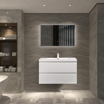 36" V9005 Angela Wall Hung Vanity & Acrylic Basin (Glossy White）