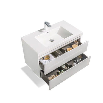 36" V9005 Angela Wall Hung Vanity & Acrylic Basin (Glossy White）
