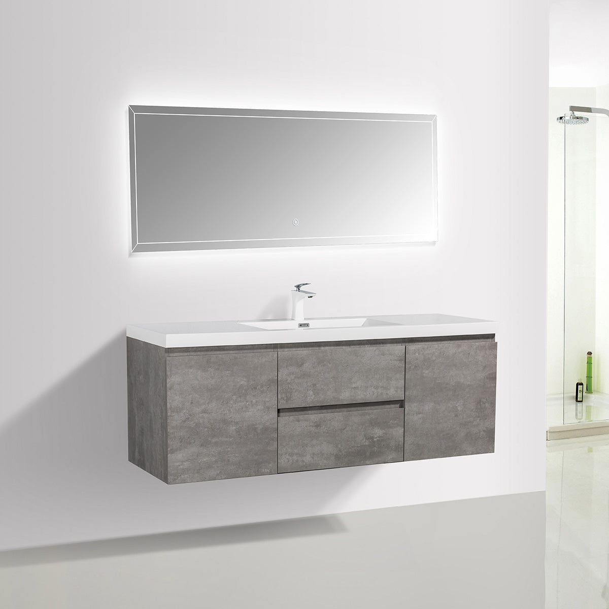 60" V9005 Angela Wall Hung Vanity & Acrylic Double Basins (Cement Grey）