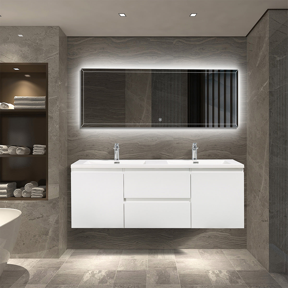 60" V9005 Angela Wall Hung Vanity & Acrylic Double Basins (Glossy White）