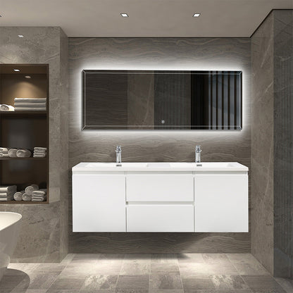 60" V9005 Angela Wall Hung Vanity & Acrylic Double Basins (Glossy White）