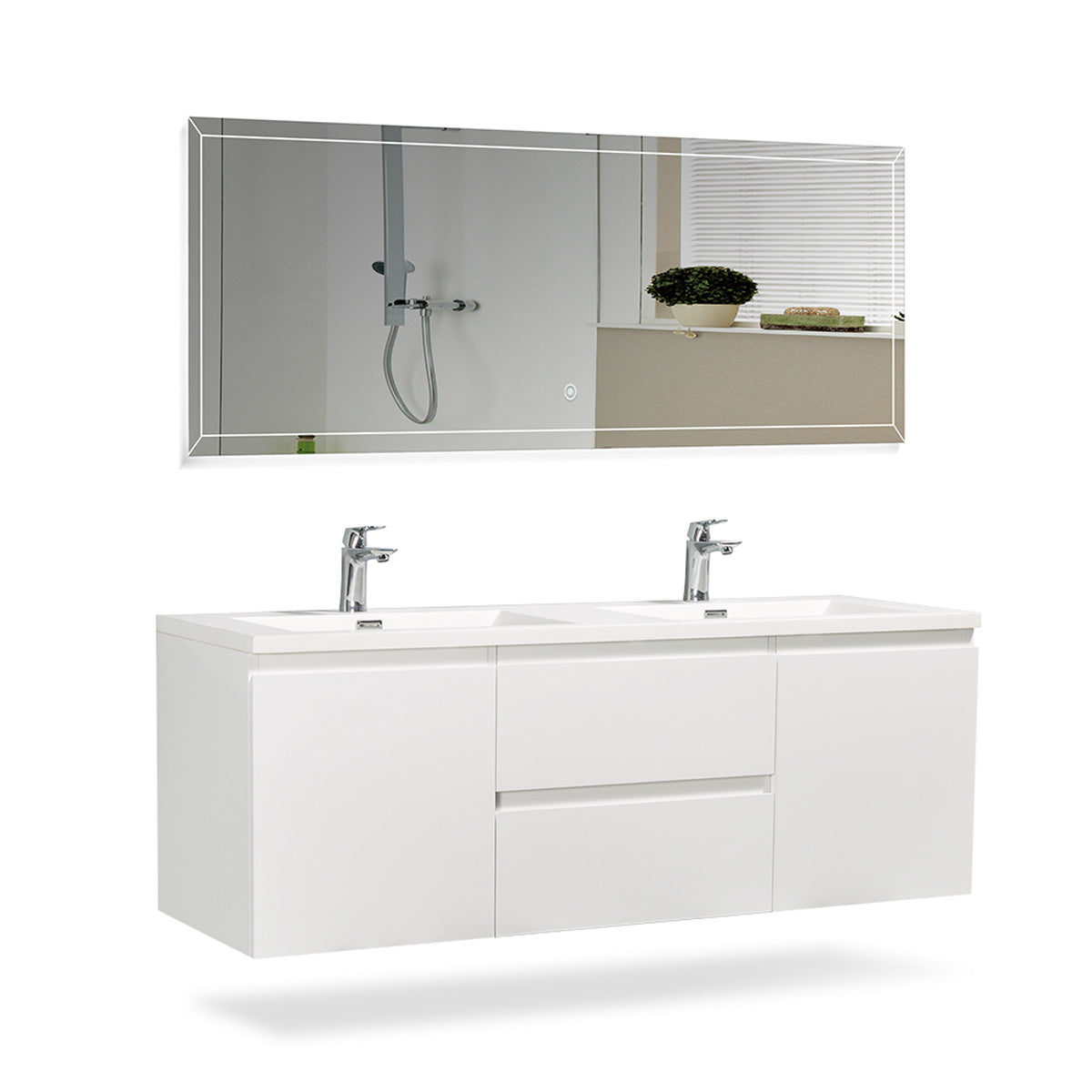 60" V9005 Angela Wall Hung Vanity & Acrylic Double Basins (Glossy White）