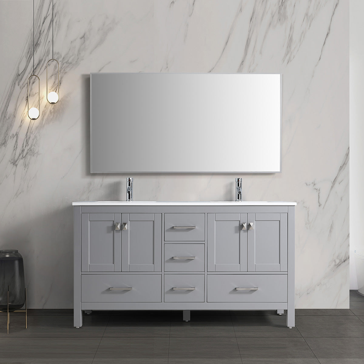 60" V9008 Vanity & Countertop Quartz Double Basins (Matte Grey)