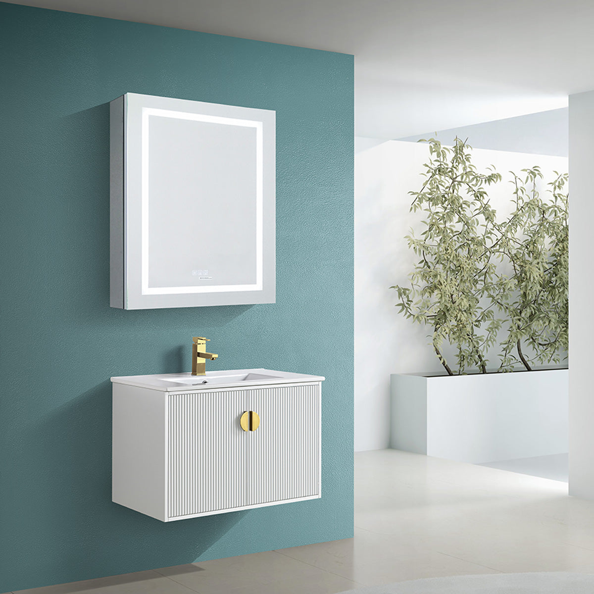 30" V9012 Wall Hung Vanity & Ceramic Sink (Glossy White）