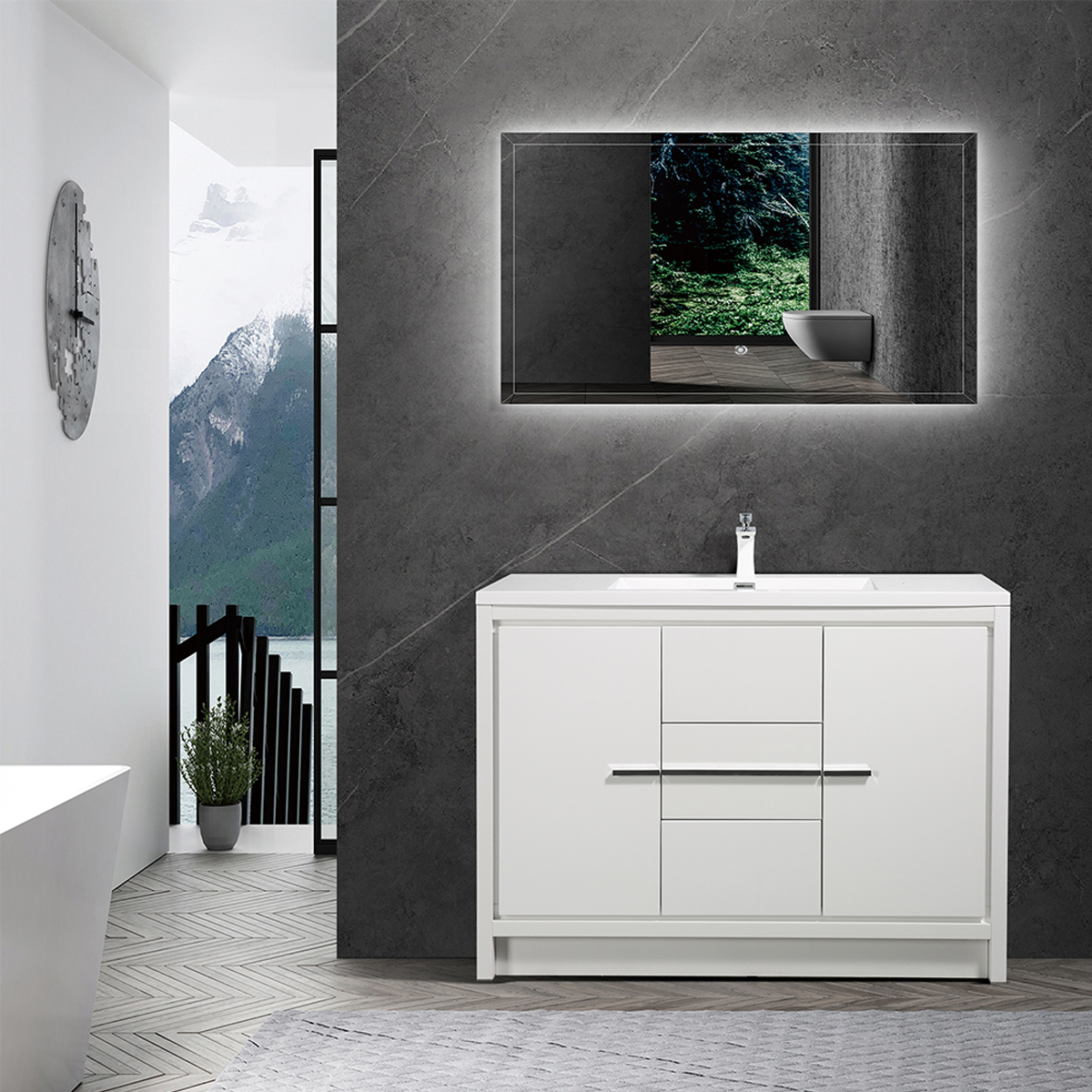 48" V9019 Allier Series Standing Vanity & Acrylic Basin Sink (Glossy White）