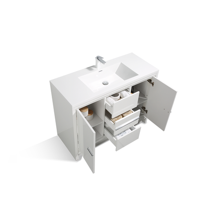48" V9019 Allier Series Standing Vanity & Acrylic Basin Sink (Glossy White）