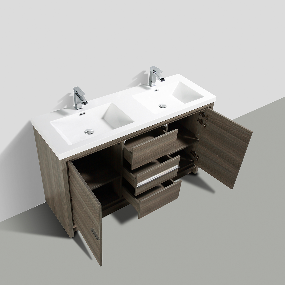 60" V9019 Allier Series Standing Vanity & Acrylic Basin Double Sink (Maple Grey）