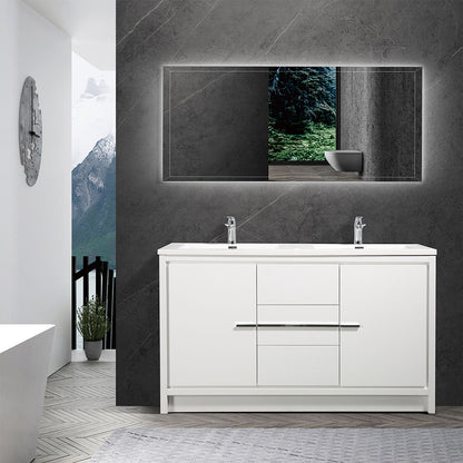 60" V9019 Allier Series Standing Vanity & Acrylic Basin Double Sink (Glossy White）