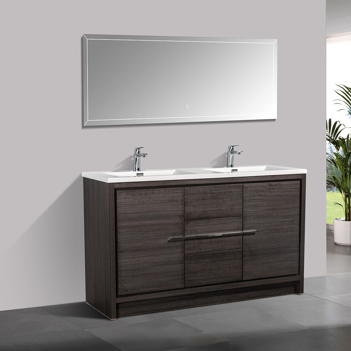 60" V9019 Allier Series Standing Vanity & Acrylic Basin Double Sink (Leached Oak）