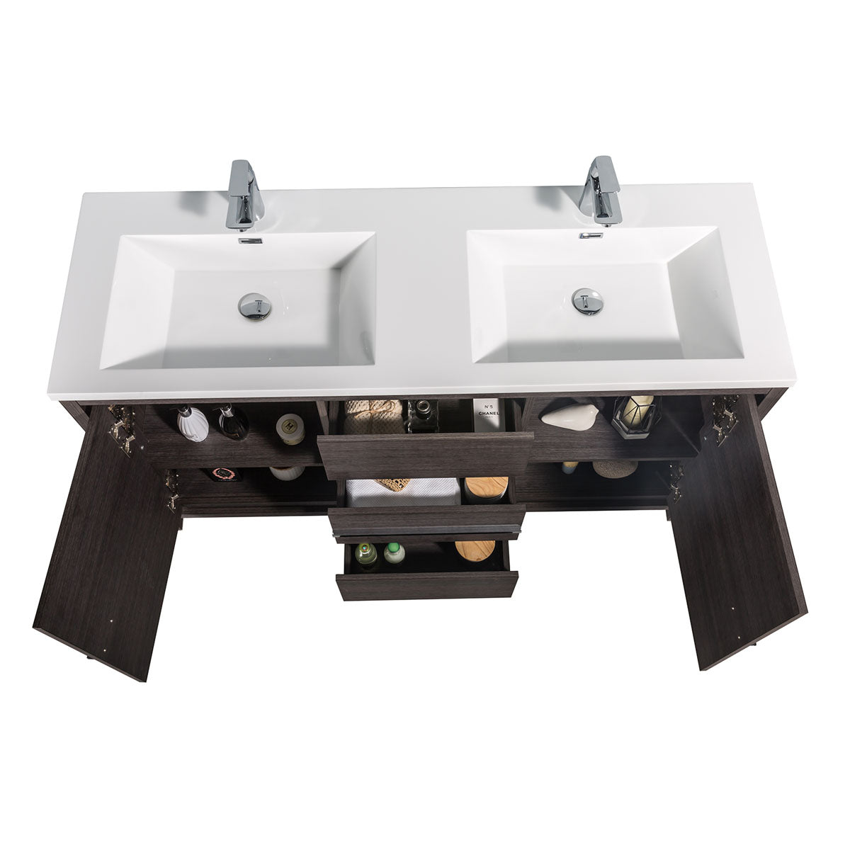 60" V9019 Allier Series Standing Vanity & Acrylic Basin Double Sink (Leached Oak）
