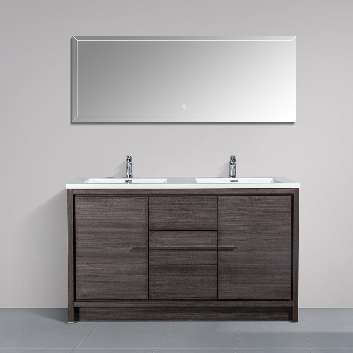 60" V9019 Allier Series Standing Vanity & Acrylic Basin Double Sink (Leached Oak）
