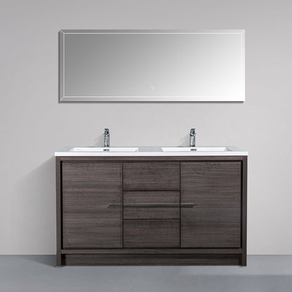 60" V9019 Allier Series Standing Vanity & Acrylic Basin Double Sink (Leached Oak）