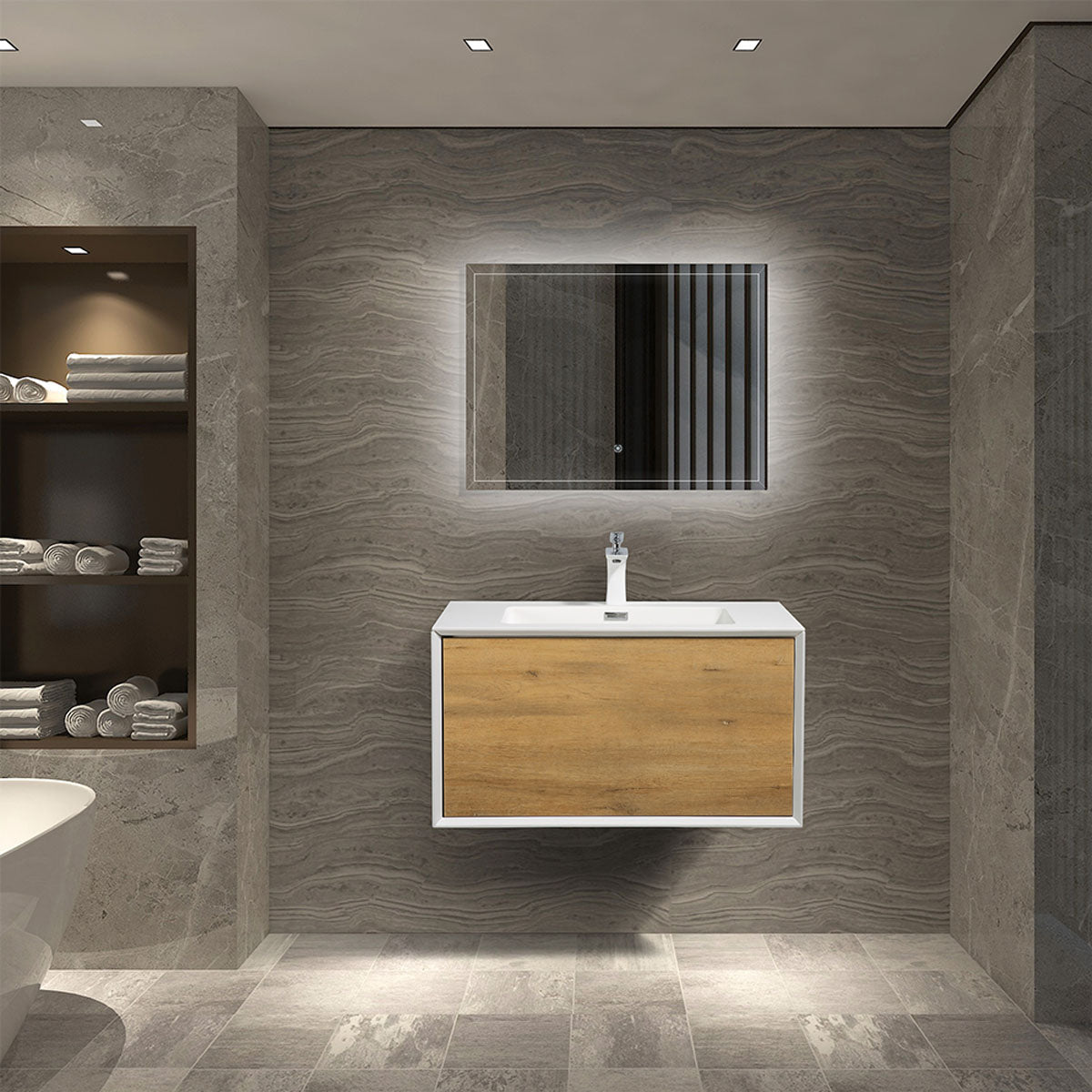 30" V9021 Fiona Wall Hung Vanity & Acrylic Basin (Matte White / Fural Oak）
