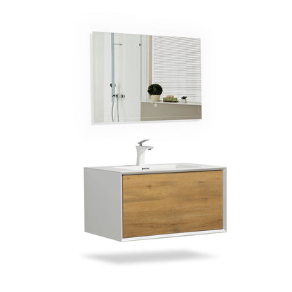 30" V9021 Fiona Wall Hung Vanity & Acrylic Basin (Matte White / Fural Oak）