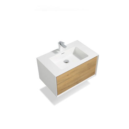30" V9021 Fiona Wall Hung Vanity & Acrylic Basin (Matte White / Fural Oak）