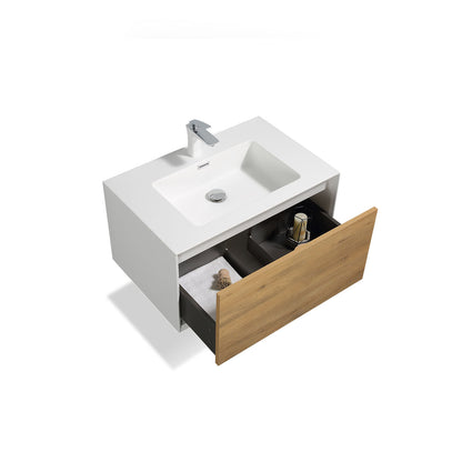 30" V9021 Fiona Wall Hung Vanity & Acrylic Basin (Matte White / Fural Oak）
