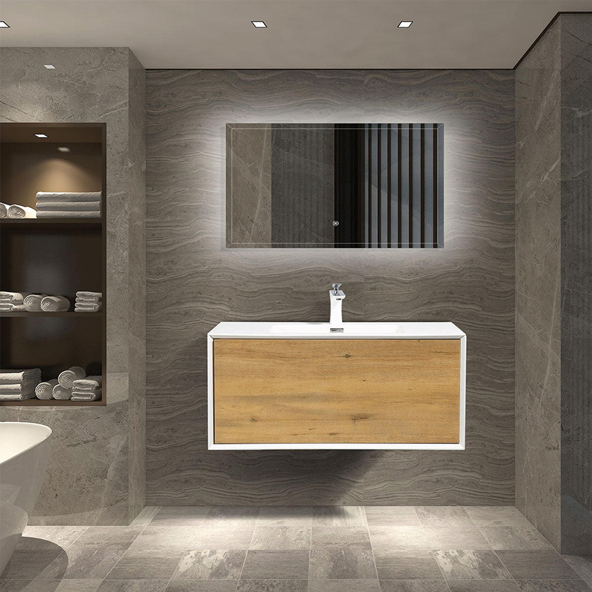 36" V9021 Fiona Wall Hung Vanity & Acrylic Basin  (Matte White / Fural Oak）